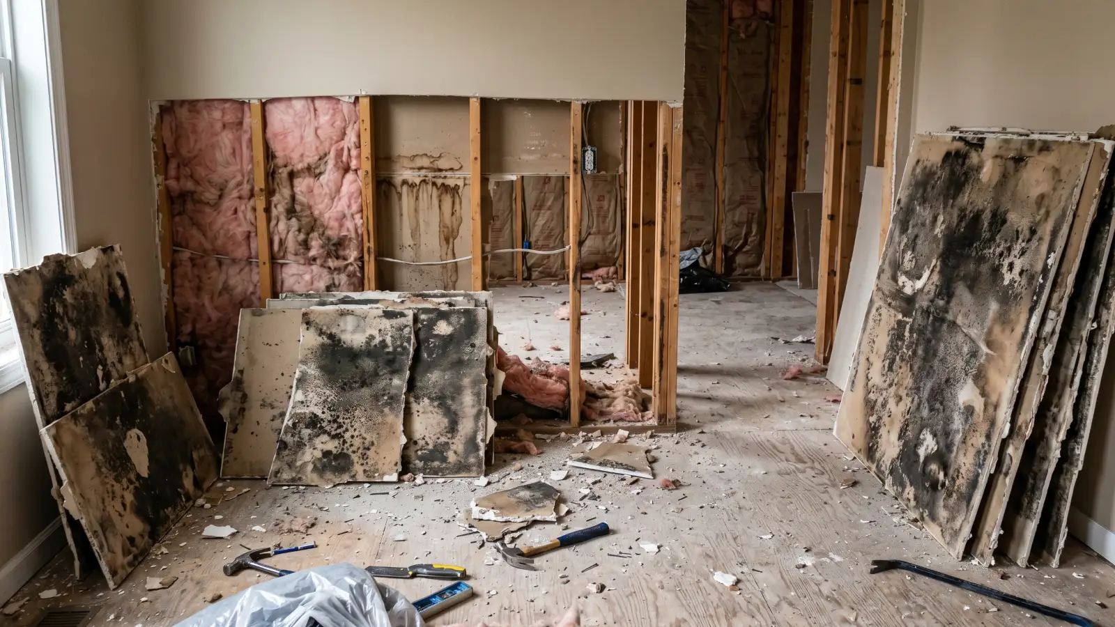 Removed mold-damaged drywall panels with heavy black mold on the back face leaning against walls, exposed framing and insulation visible behind the open wall cavity