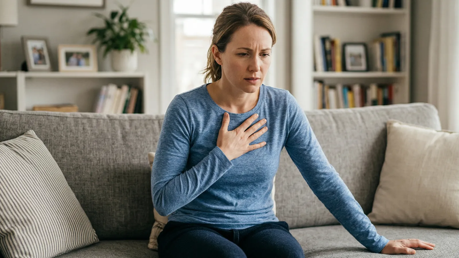 Woman sitting on a sofa with her hand on her chest experiencing breathing difficulty, a potential symptom of mold exposure in the home