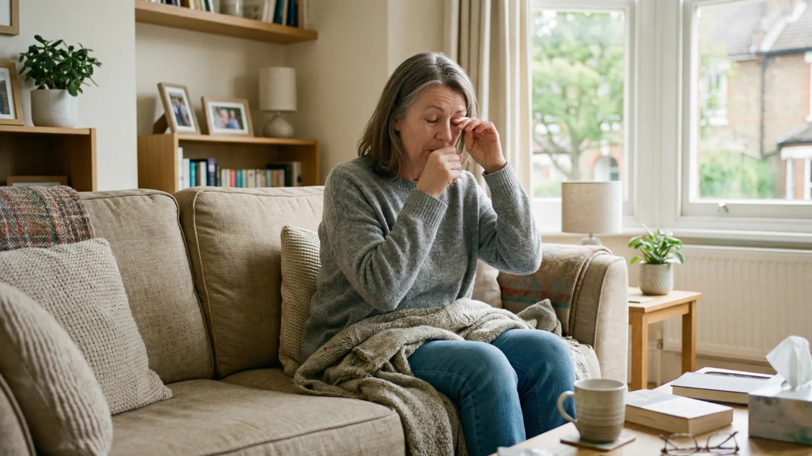 Woman sitting on a sofa coughing and rubbing her eyes, experiencing respiratory symptoms that may be associated with mold exposure in the home
