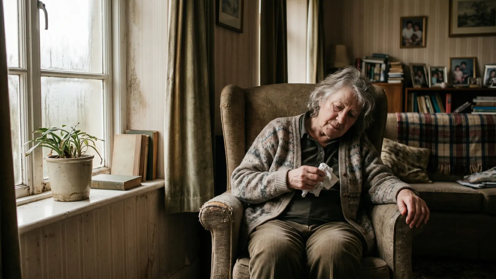Elderly person sitting in an armchair holding a tissue in a damp living room with condensation on the window