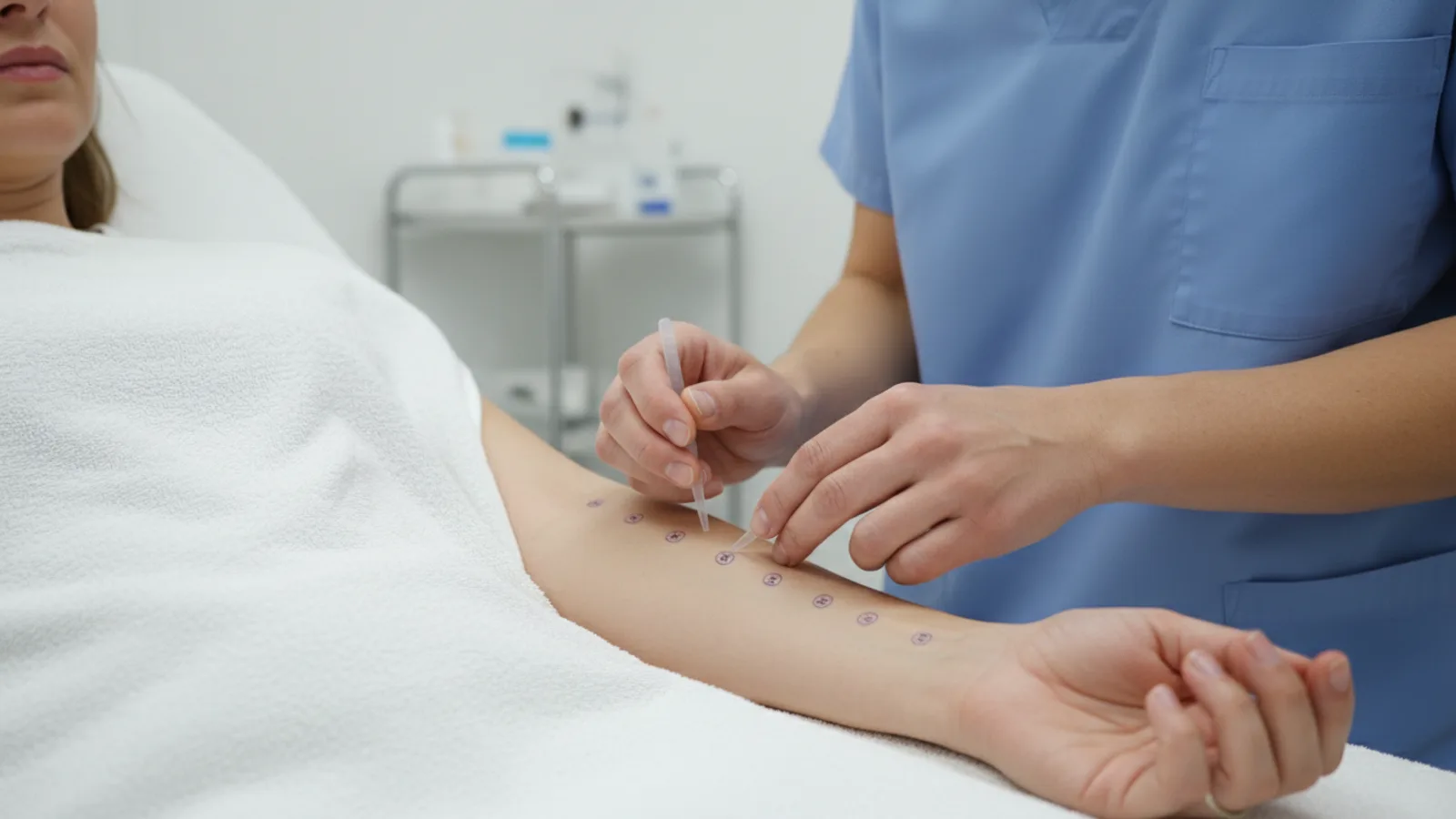 Medical professional performing skin prick allergy test on patient arm to diagnose mold sensitivity