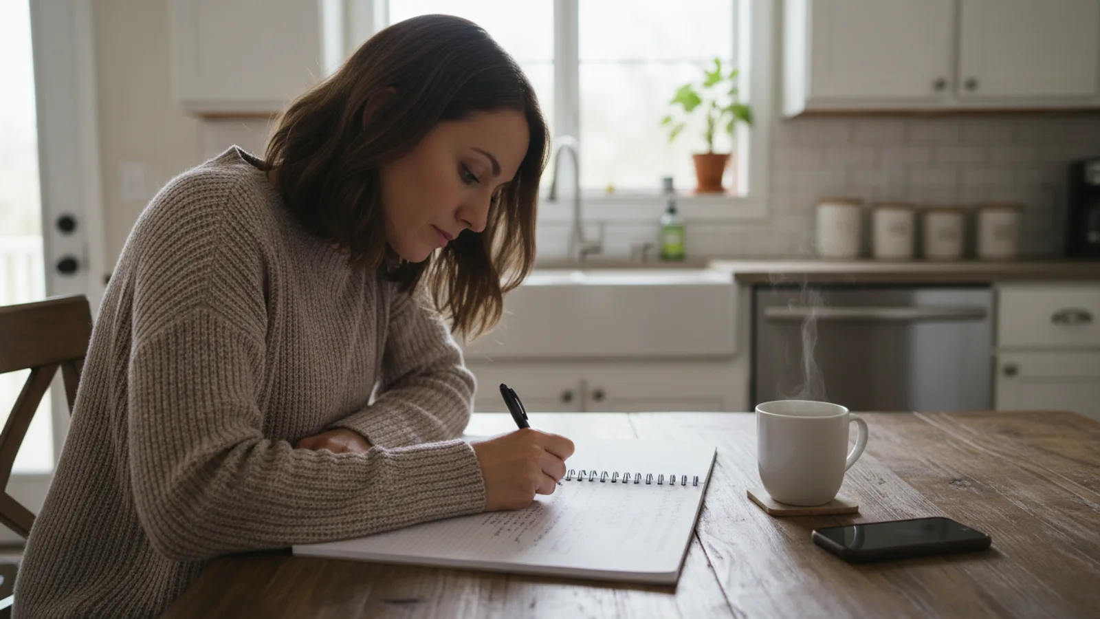 Person writing symptom diary tracking location patterns of mold-related symptoms at home