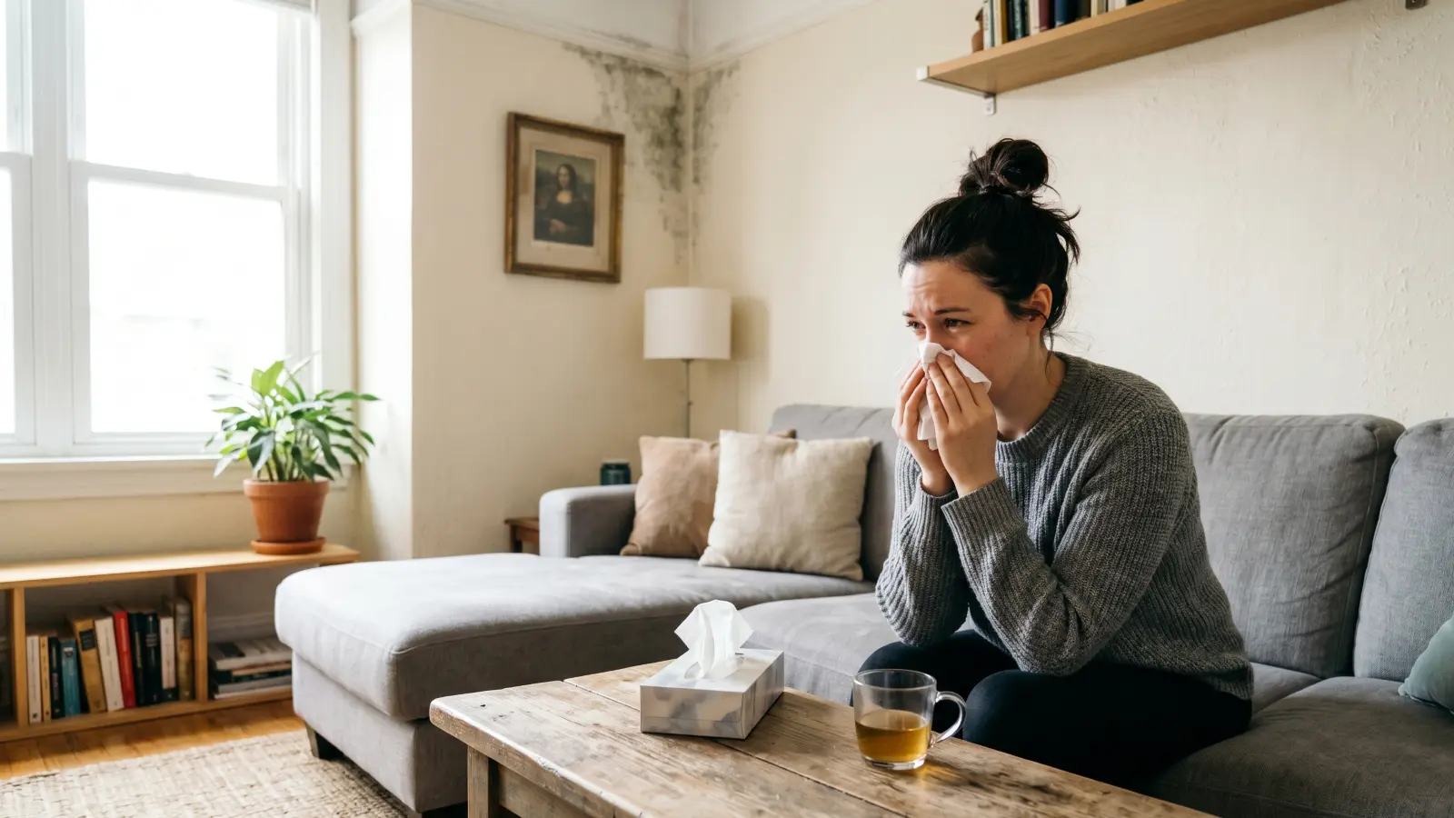 Woman experiencing nasal congestion and respiratory symptoms while sitting at home near moldy wall