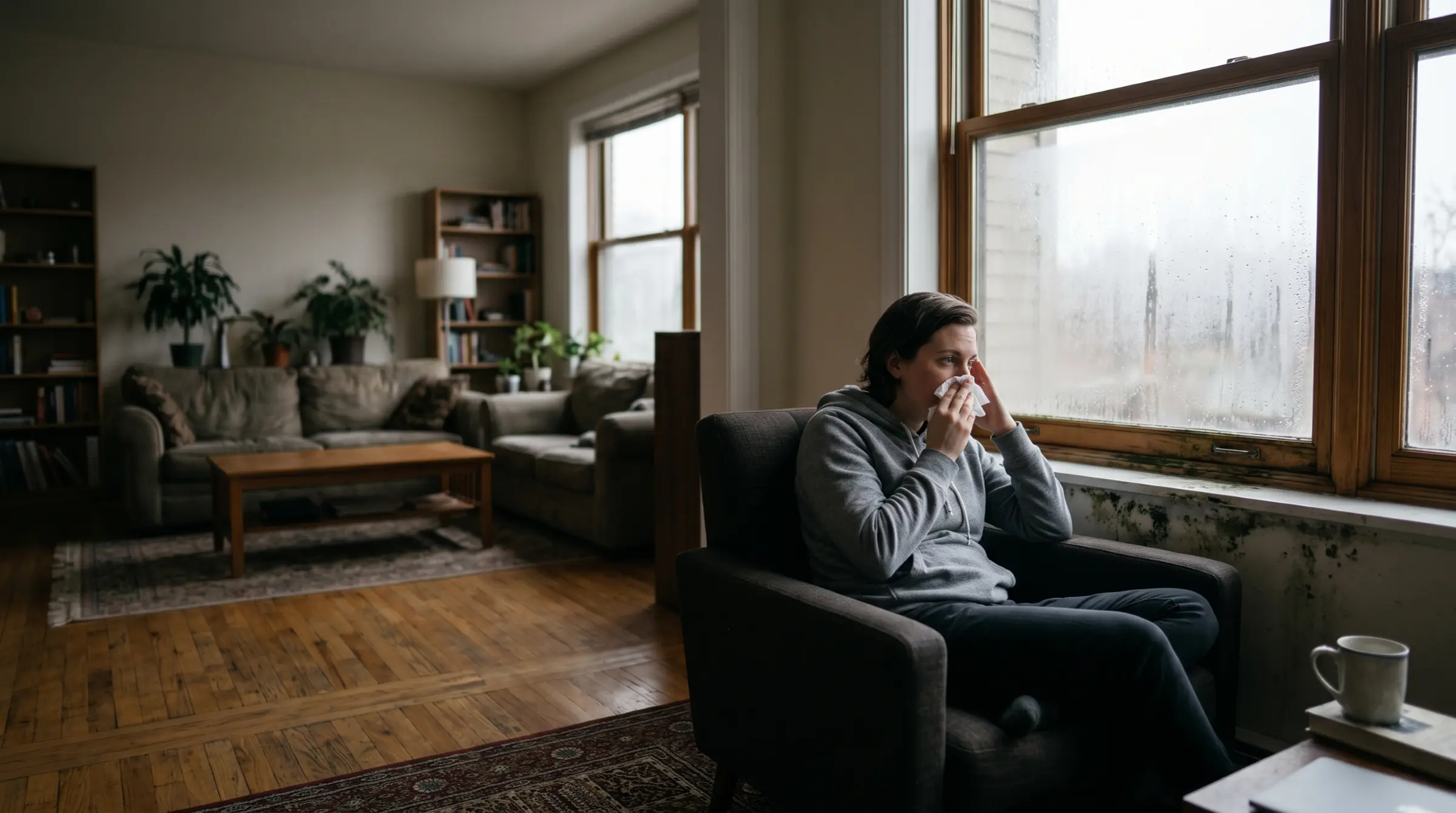 Person with allergy symptoms sitting near window with visible condensation and mold on wall