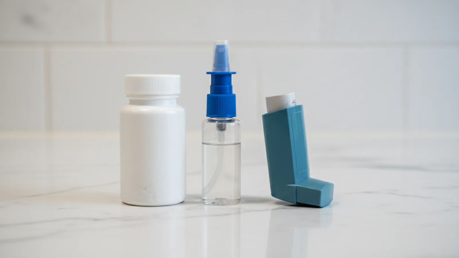Antihistamine tablets, nasal spray, and inhaler arranged on white surface for treating mold allergy symptoms