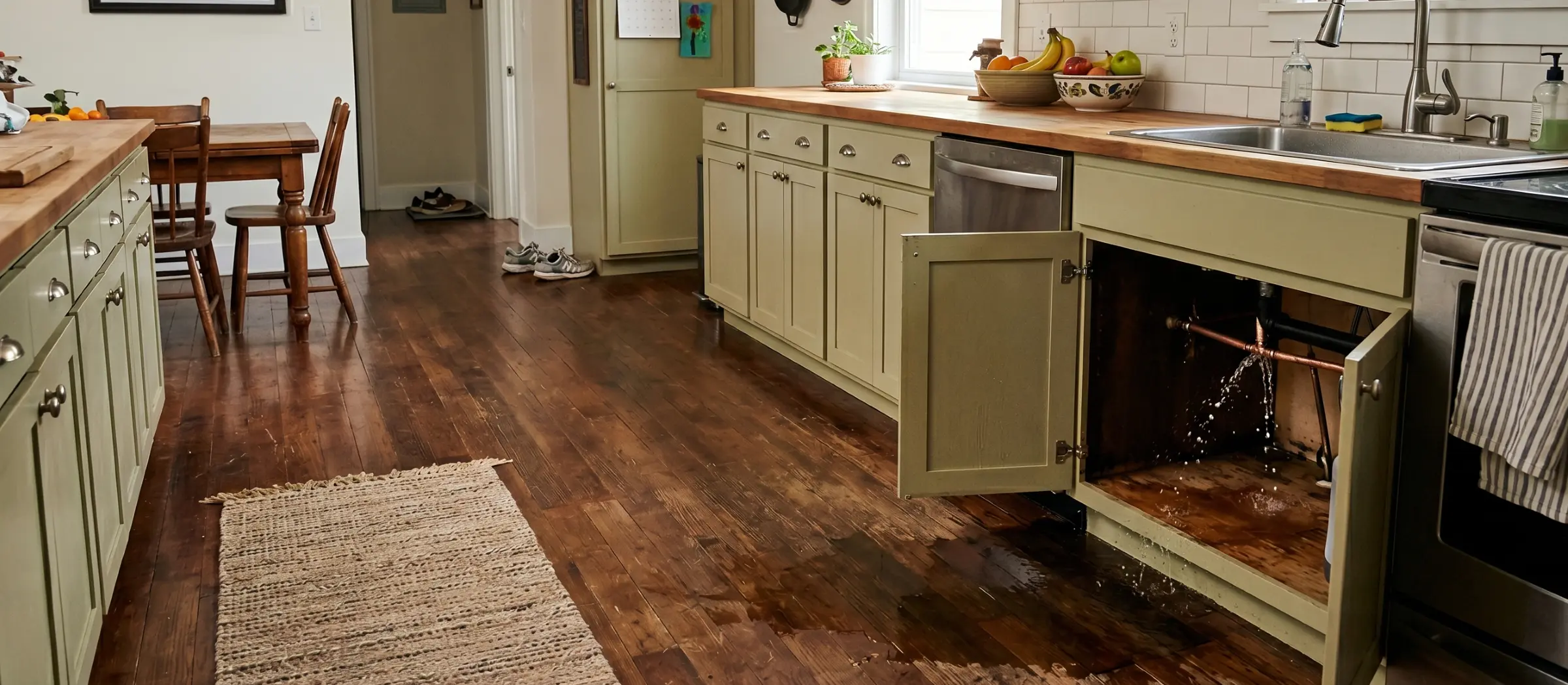 Burst copper pipe leaking under an open kitchen cabinet onto a hardwood floor in a lived-in home