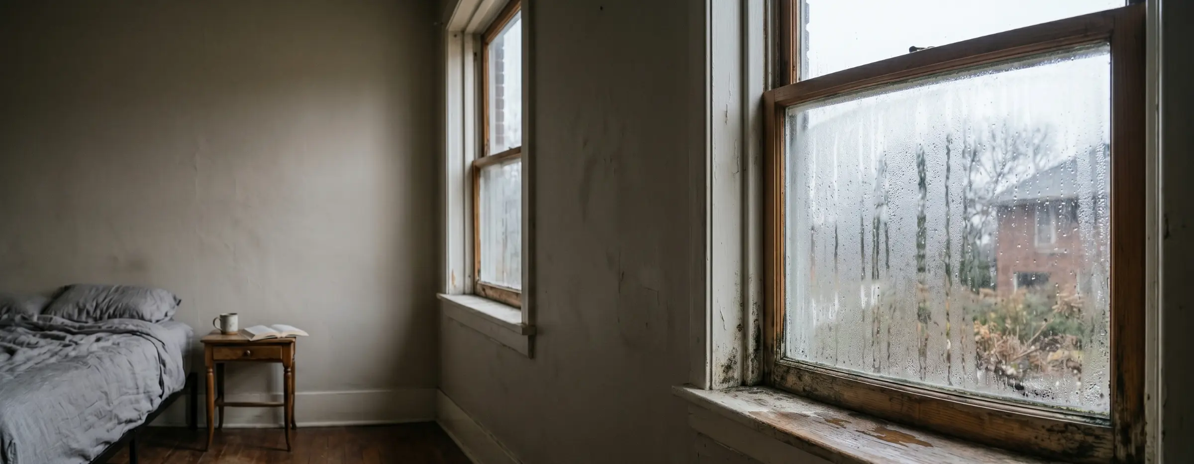 Bedroom window with heavy condensation and mold growth on the wooden sill and frame, peeling paint visible, overcast winter exterior
