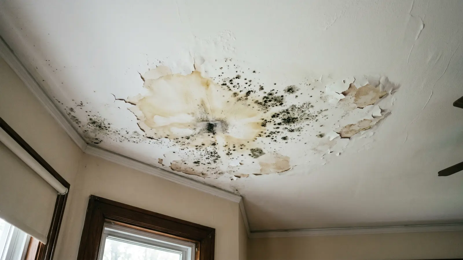Yellow water stain with black mold spotting and peeling paint on a residential ceiling from a roof leak