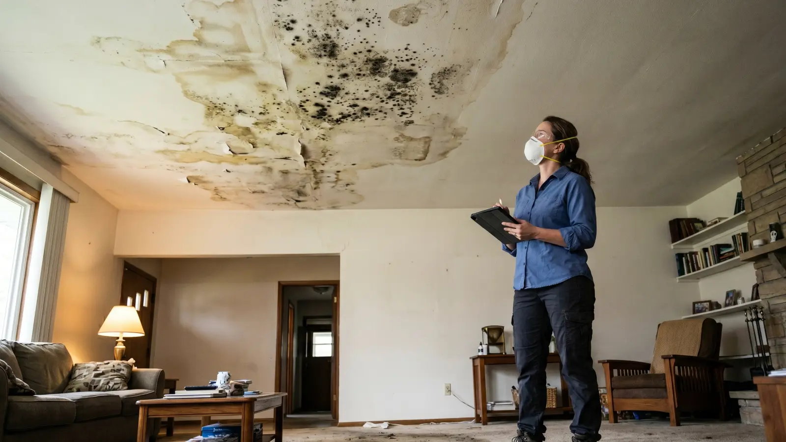 Mold remediation contractor assessing extensive ceiling mold and water damage in a residential living room