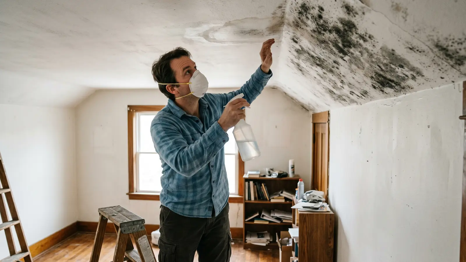 Homeowner with spray bottle and dust mask attempting to treat extensive ceiling mold growth that requires professional remediation