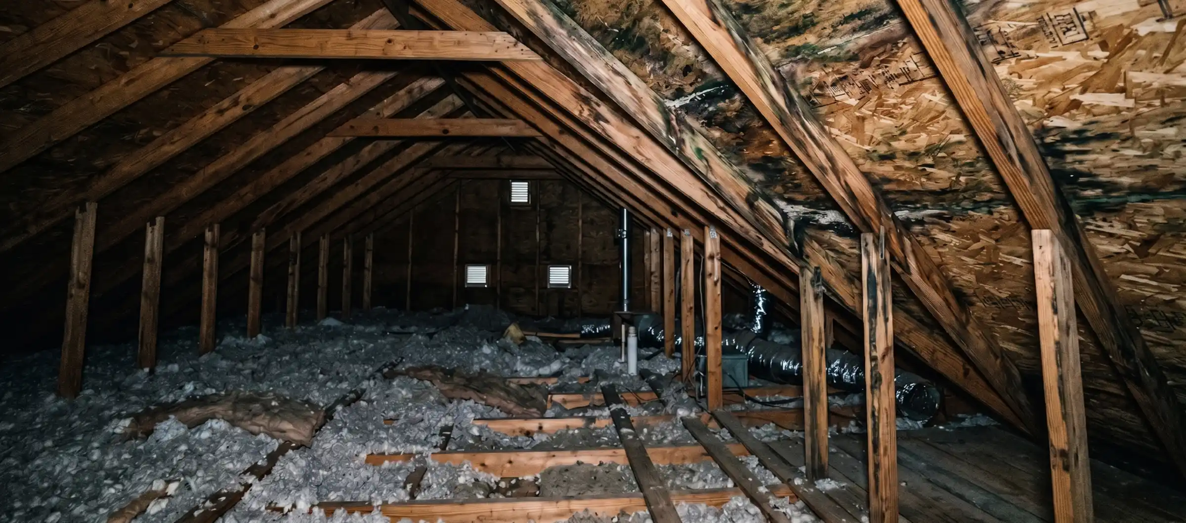 Black mold on attic rafters and OSB sheathing with blown-in insulation on the floor