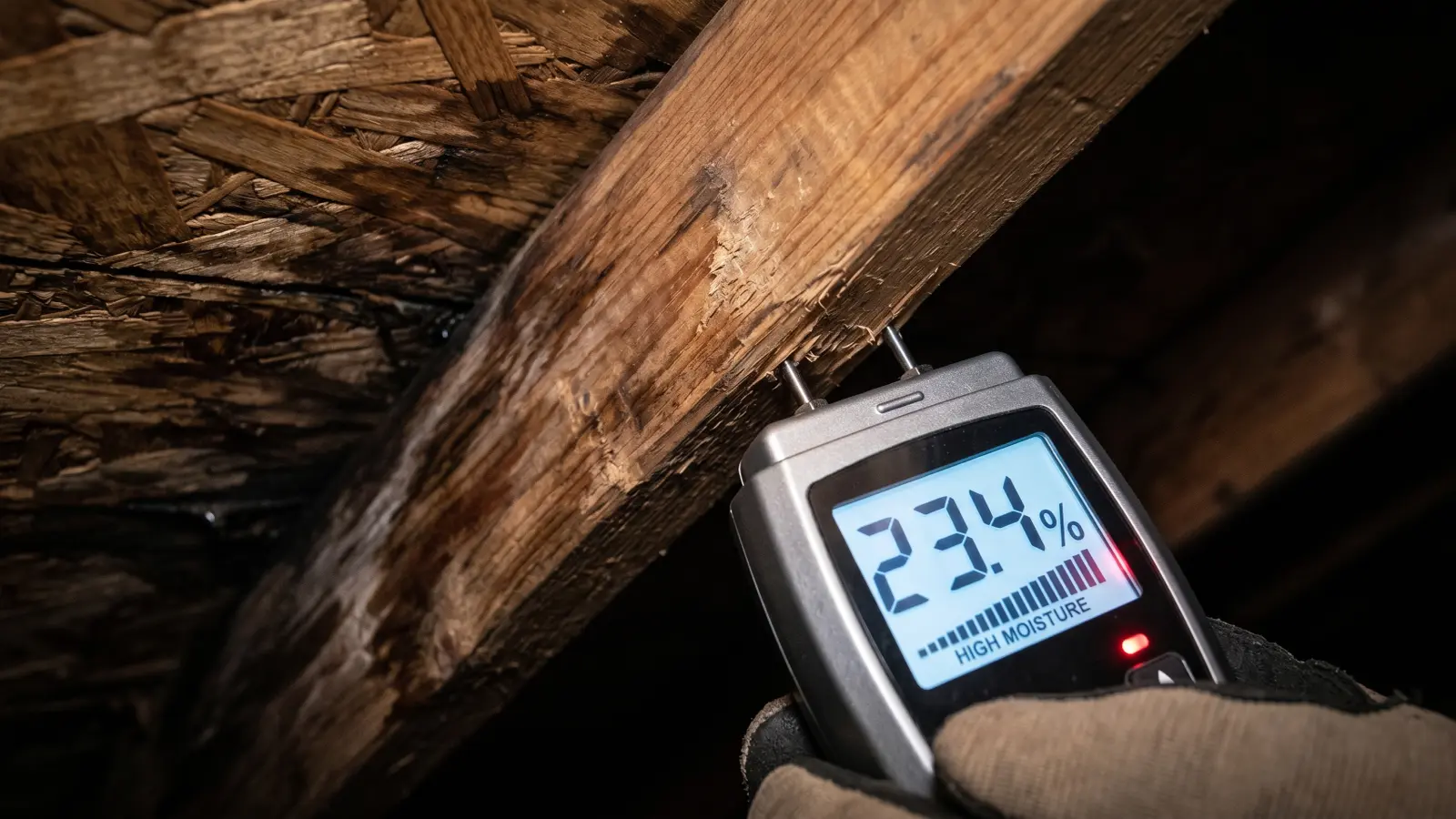 Moisture meter reading 23.4 percent high moisture on an attic rafter above the IICRC mold risk threshold