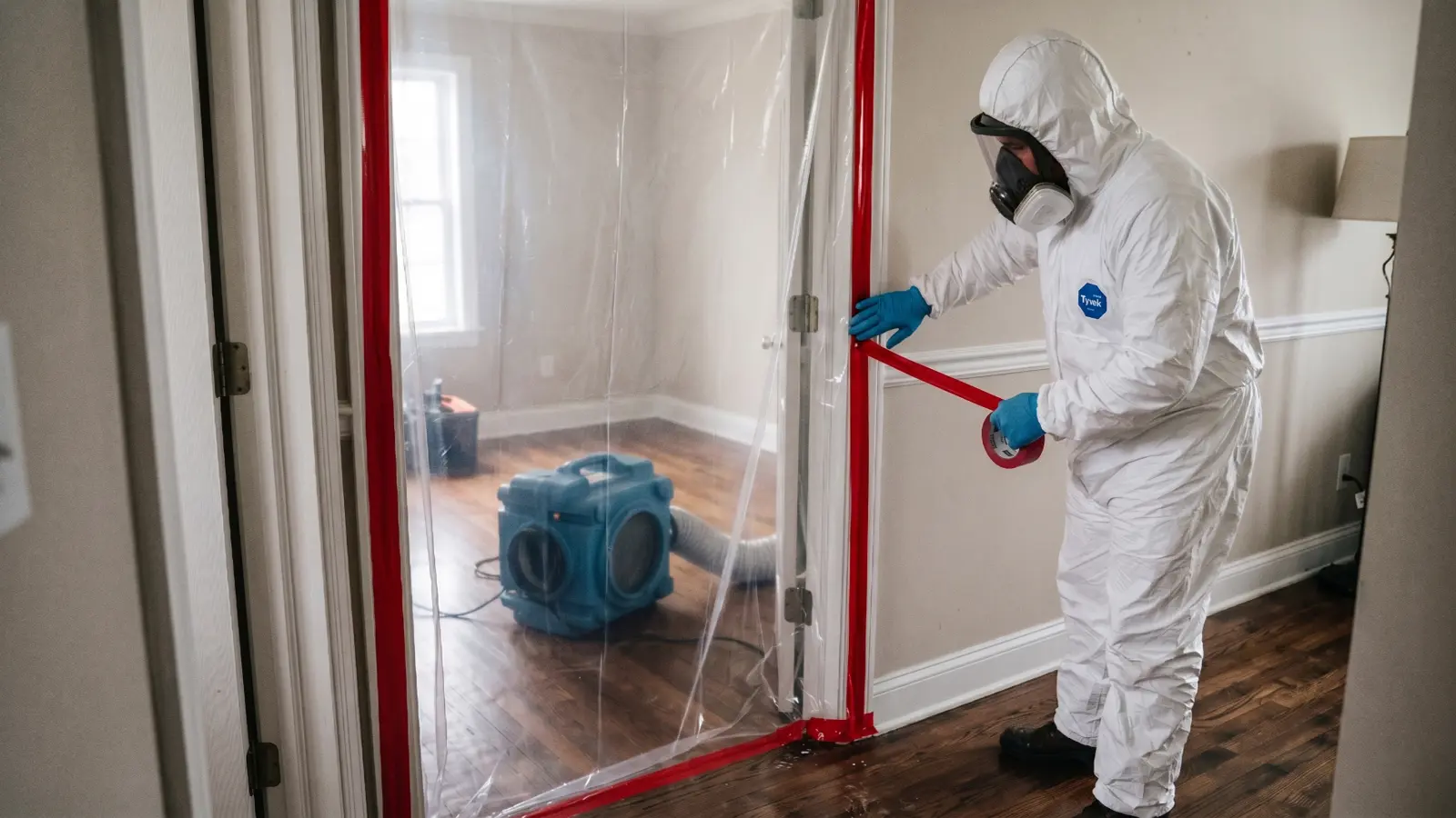 Mold remediation technician in Tyvek suit taping polyethylene containment sheeting across a residential doorway with HEPA air scrubber inside