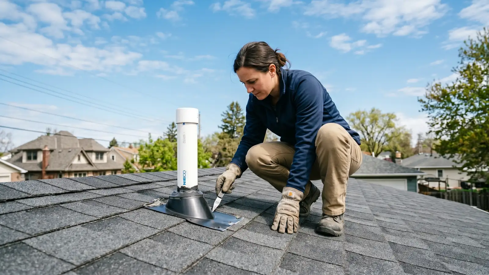 Homeowner inspecting roof shingles and flashing on a clear day to prevent water intrusion and mold growth