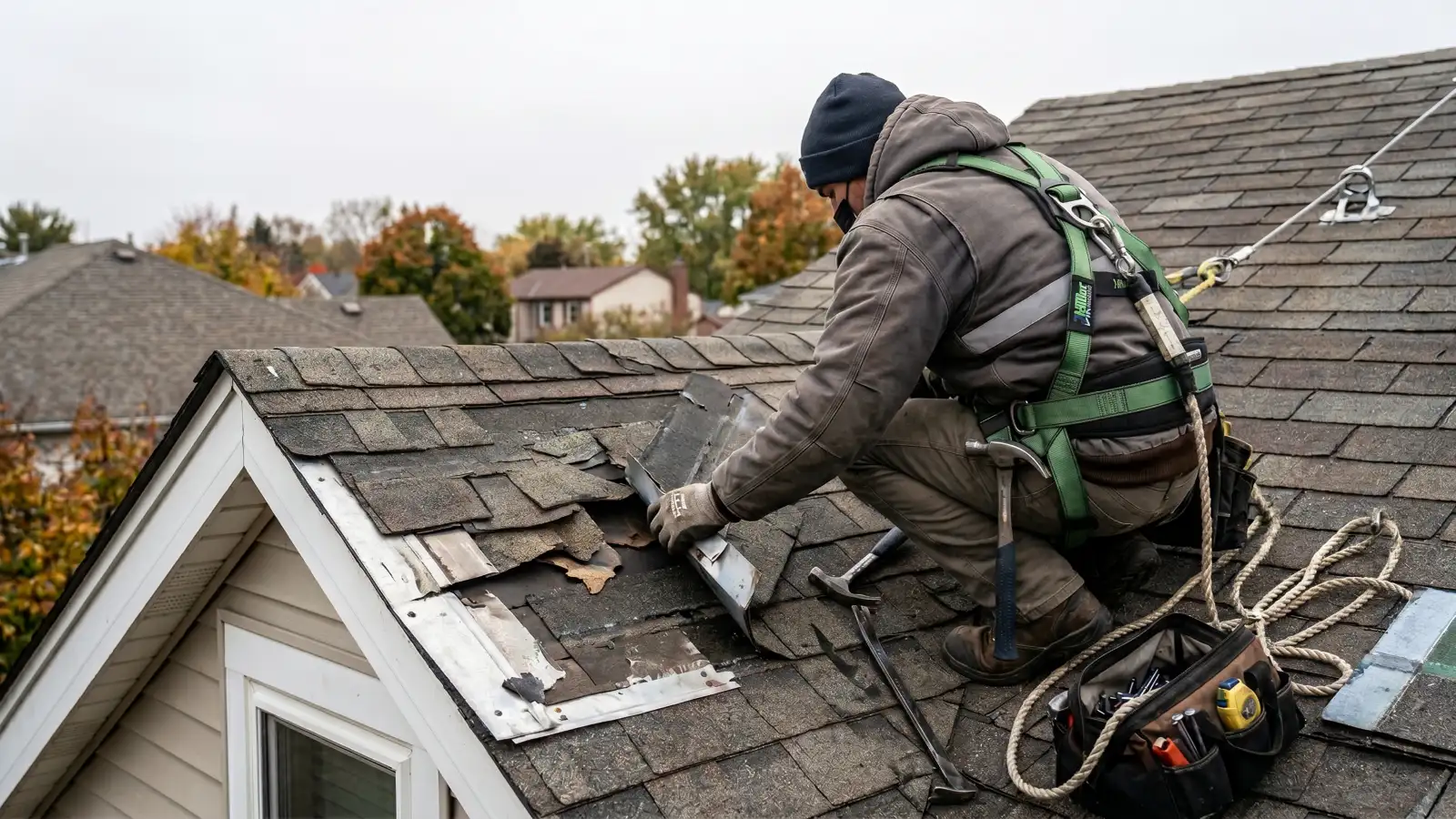 Roofer in safety harness repairing damaged shingles and flashing on a residential roof