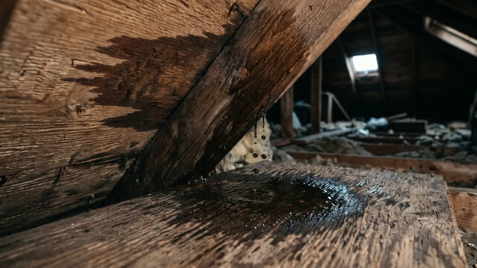 Water actively dripping from attic rafter joint onto saturated wood sheathing from a roof leak