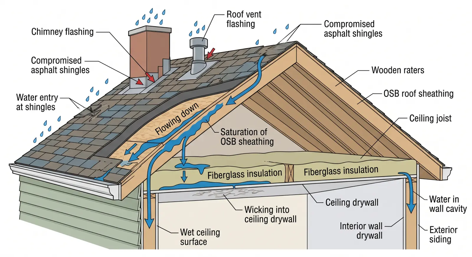 Diagram showing water entry points at roof flashing and shingles, traveling through OSB sheathing and fiberglass insulation into ceiling drywall and wall cavities