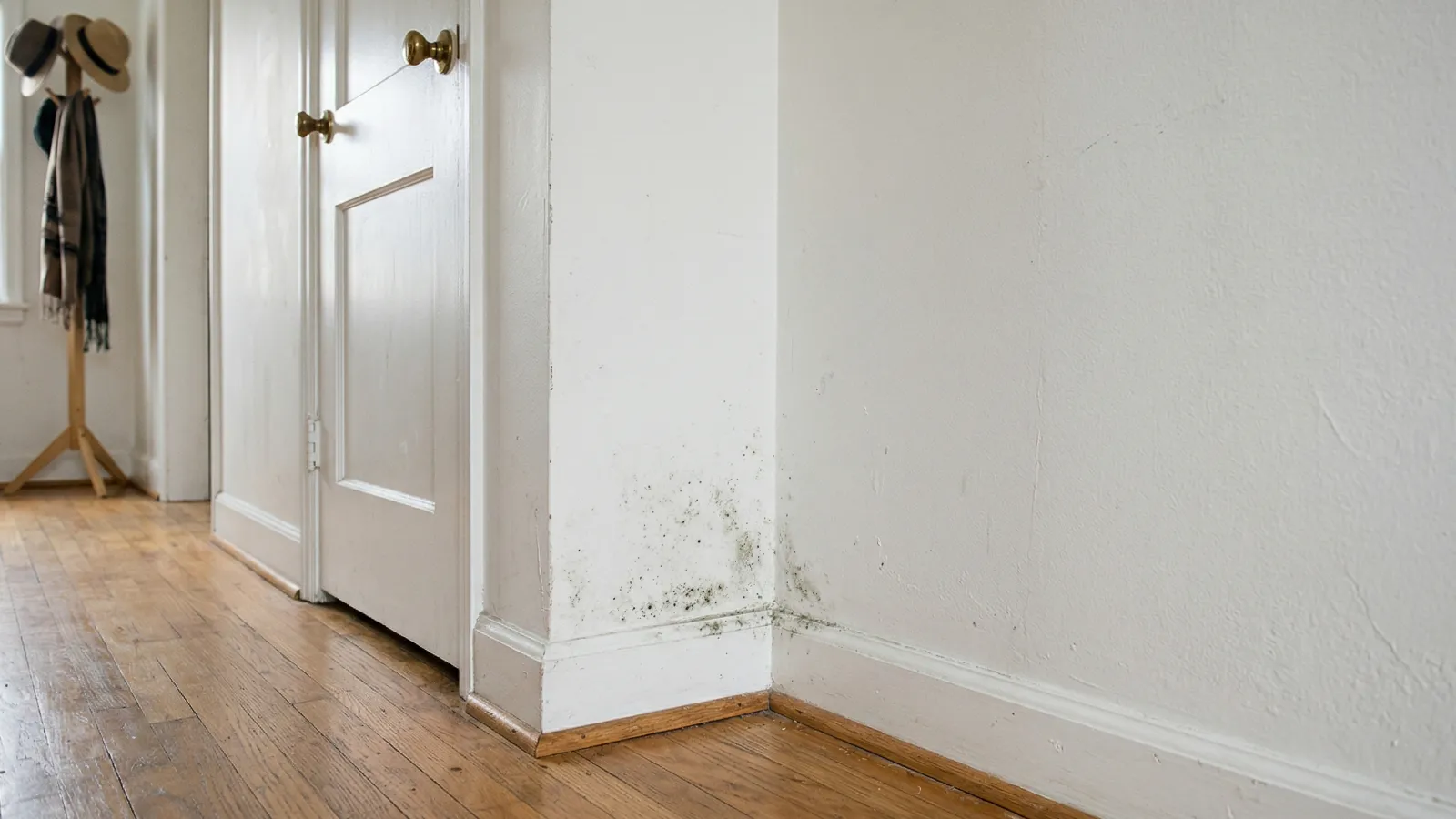 Small mold growth on drywall corner near baseboard inside home