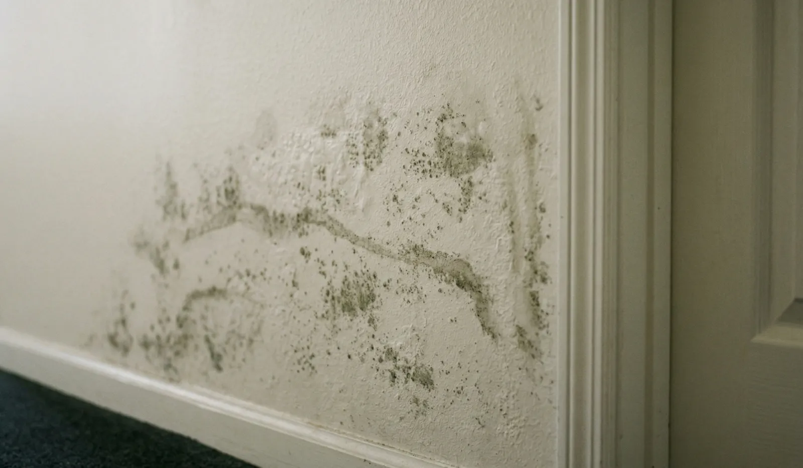 Mold growth on interior drywall near baseboard in residential home