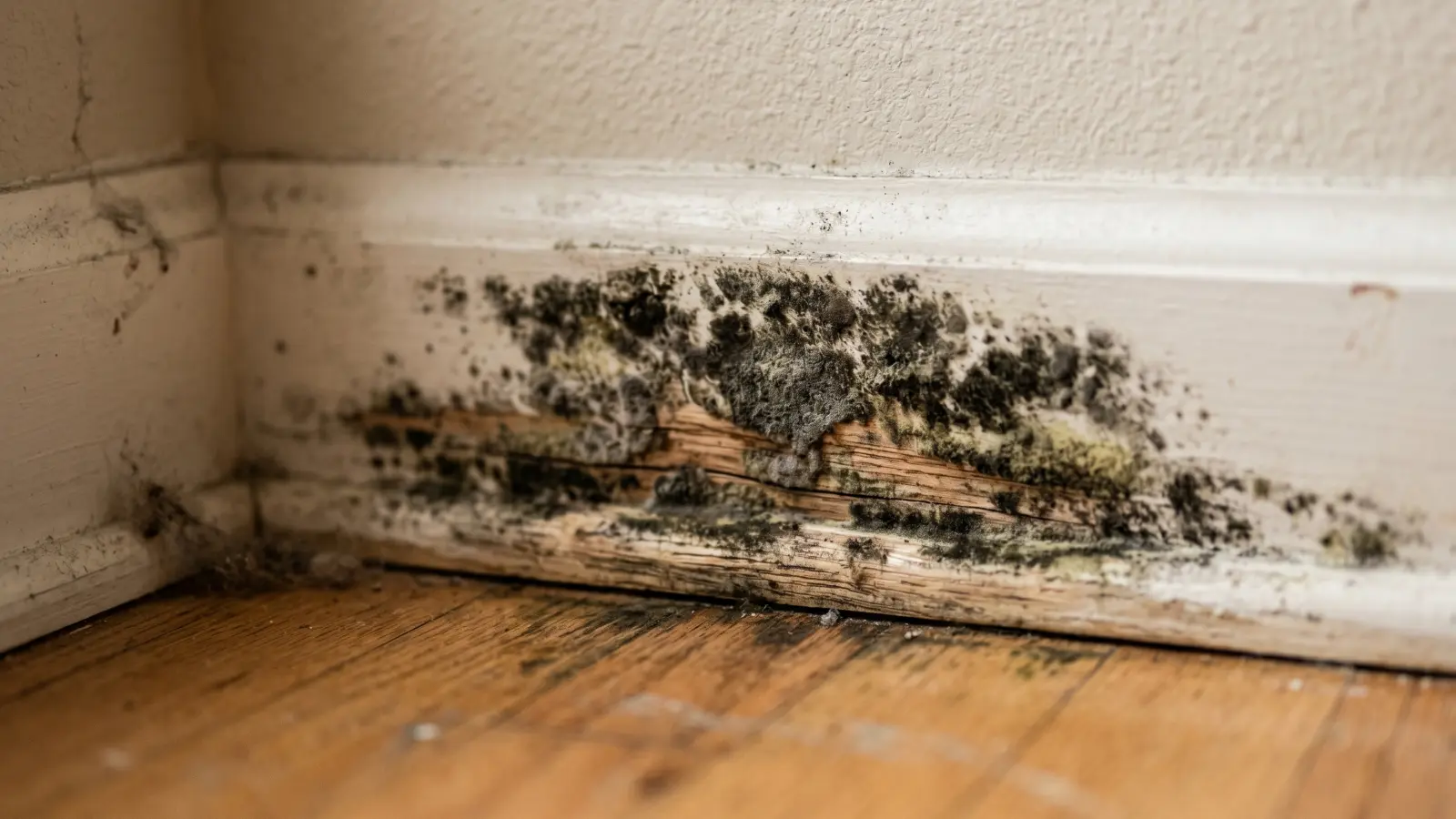 Fuzzy black and green mold colony spreading across a wood baseboard and wall junction showing advanced surface mold growth