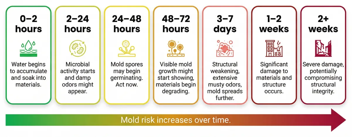 Timeline infographic showing mold risk progression after water damage across seven stages from 0 to 2 hours to 2-plus weeks, color coded green to dark red indicating increasing risk over time