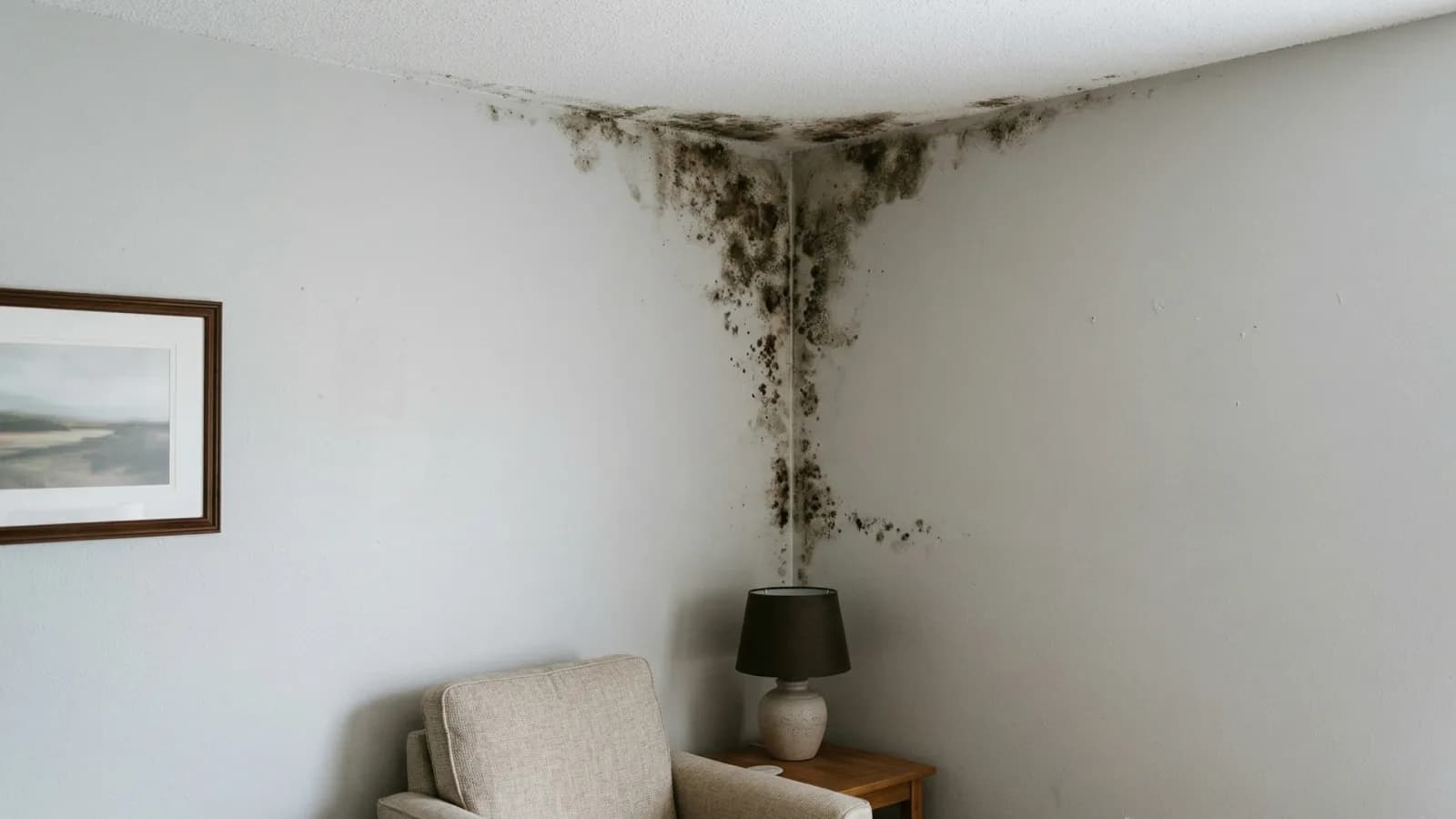 Mold growth spreading from ceiling corner down wall showing early to moderate infestation pattern