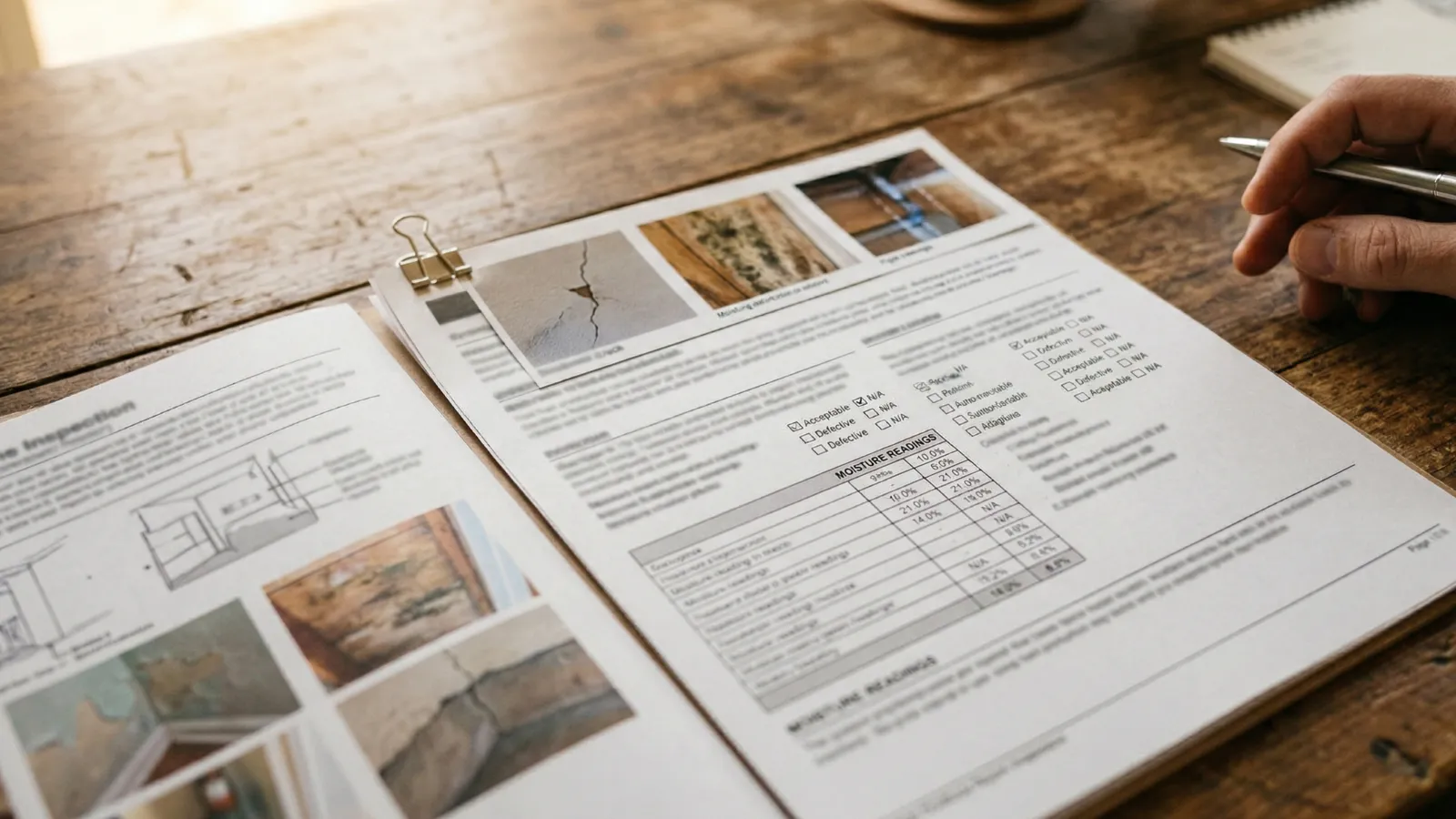 A professional mold inspection report spread on a wooden desk showing moisture reading tables, checkboxes, and photographs of affected areas, with a hand holding a pen reviewing the findings.