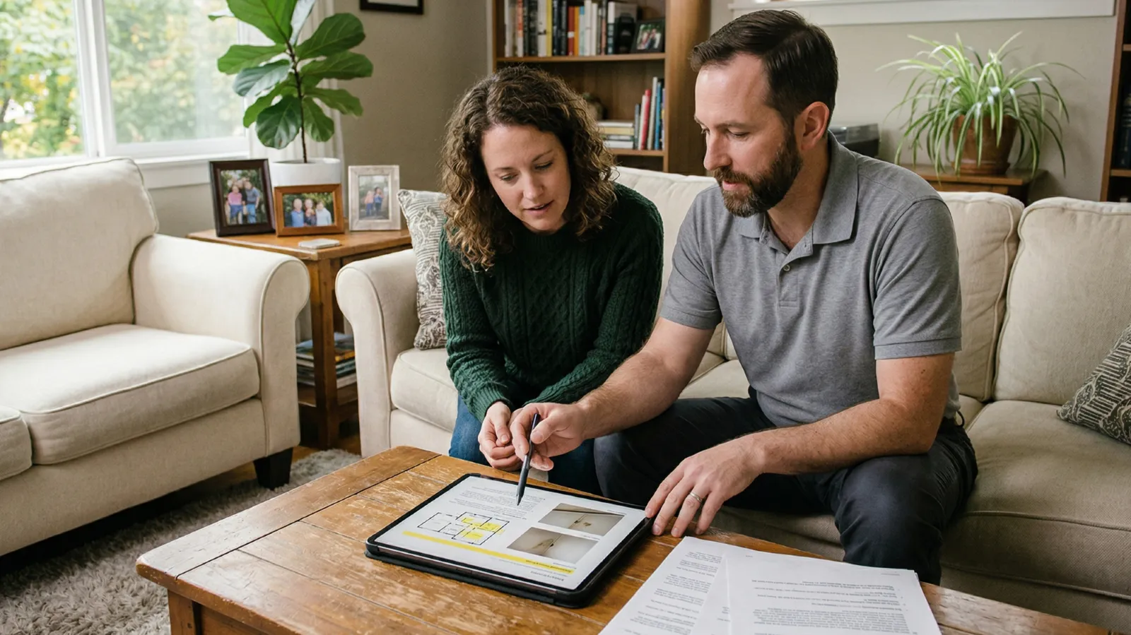 Homeowner reviewing mold inspection report with inspector and discussing next steps