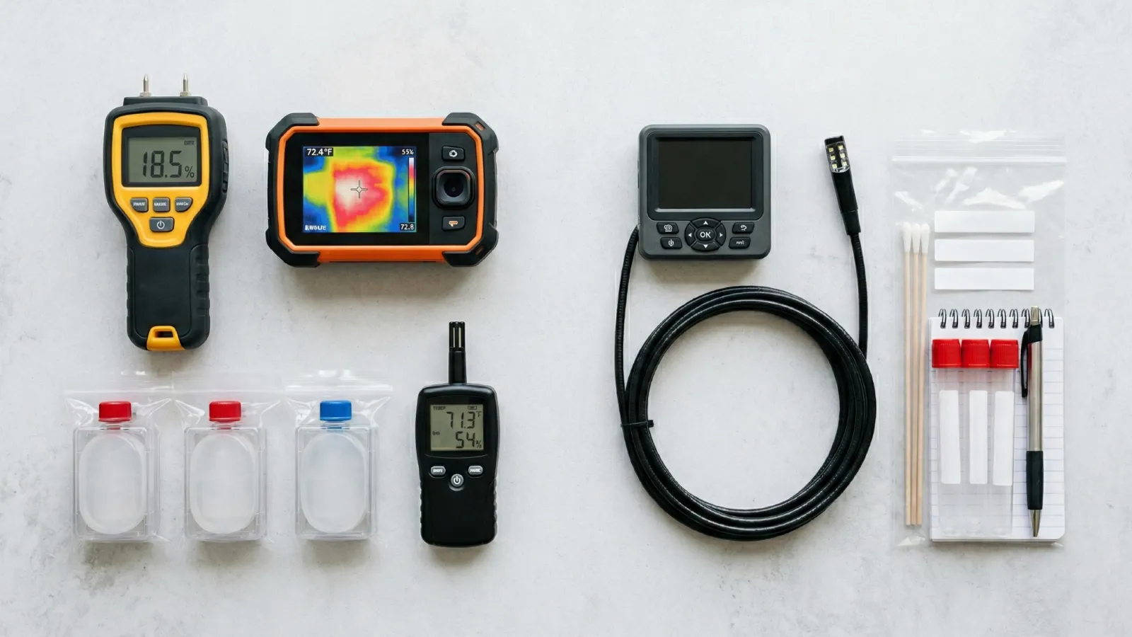 Flat lay of professional mold inspection tools including a moisture meter, thermal imaging camera, hygrometer, air sampling cassettes, borescope, and surface swab collection tubes on a light gray surface.