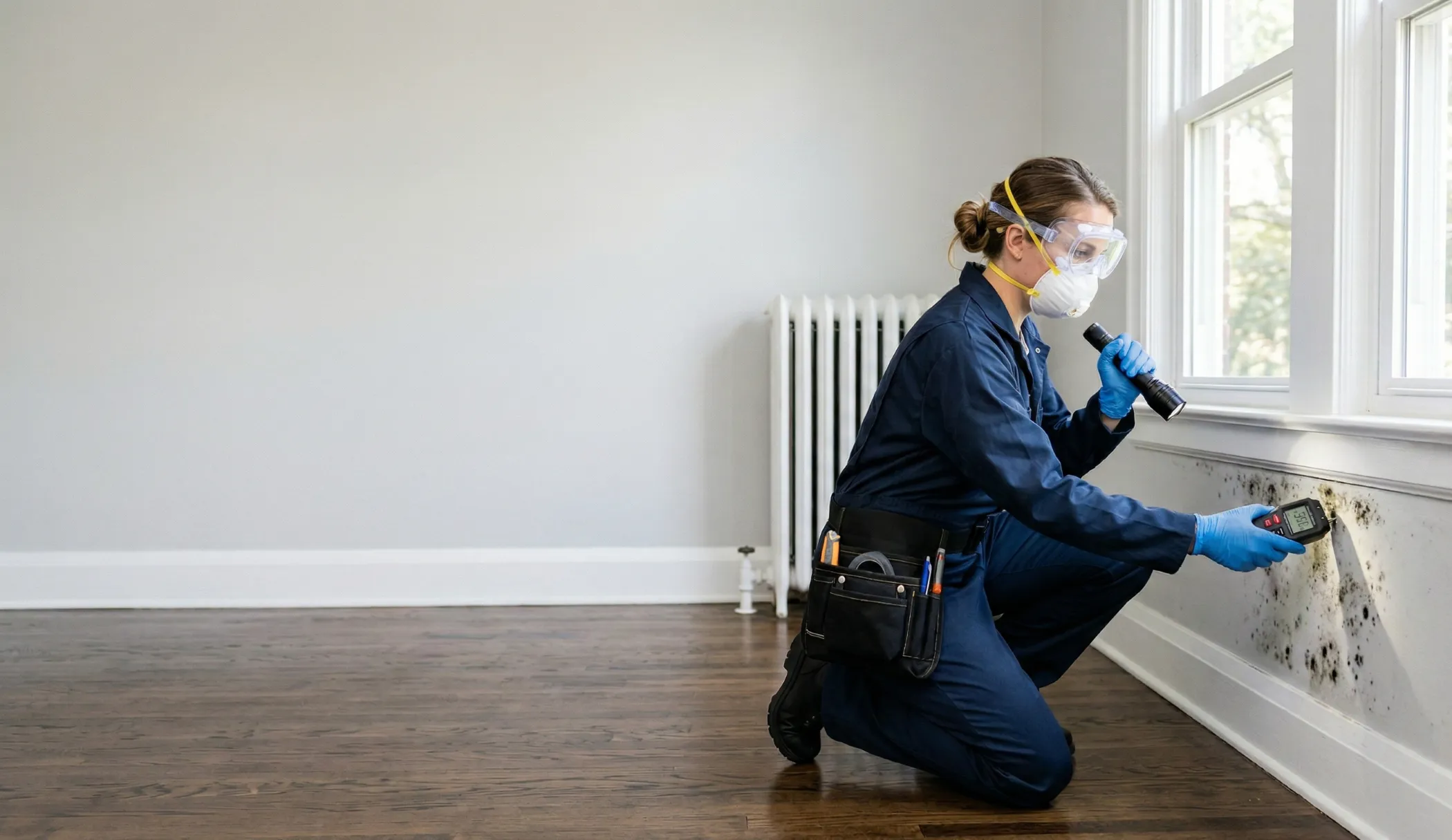 Female mold inspector in protective gear examining wall mold with flashlight and moisture meter