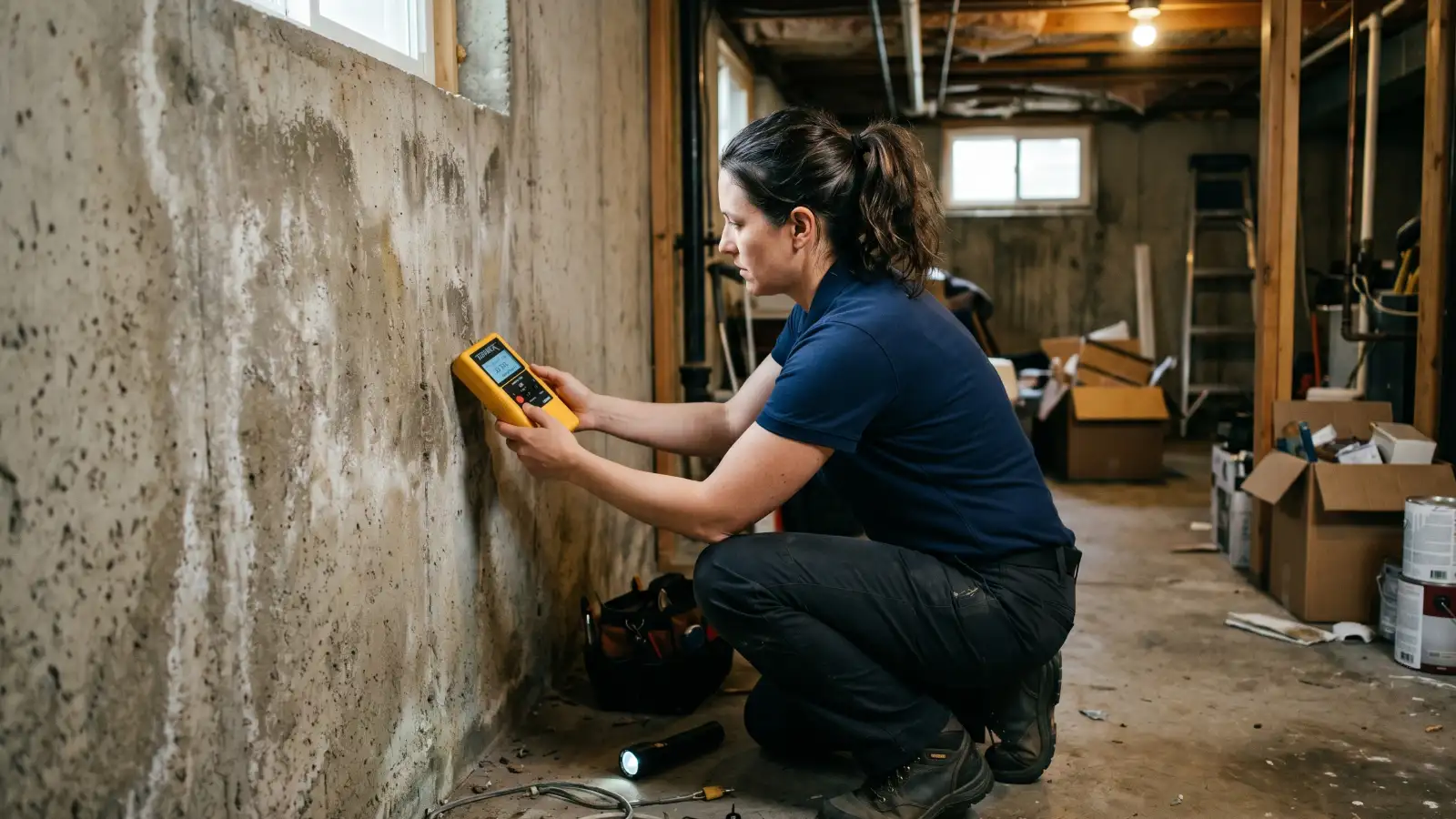 Mold inspector using a moisture meter on a basement wall during an independent inspection