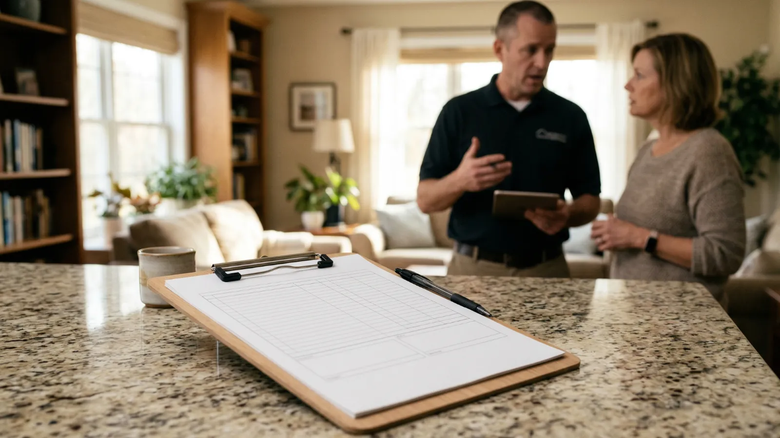 A blank inspection clipboard sits on a kitchen counter in the foreground while a home inspector gestures toward a concerned homeowner in a residential living room in the background.