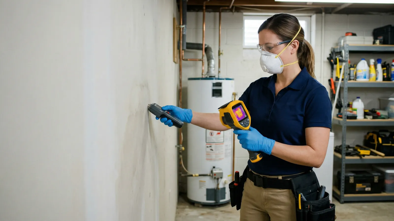 Female mold inspector in mask and safety glasses using a thermal imaging camera and moisture meter on a basement wall during a professional mold inspection