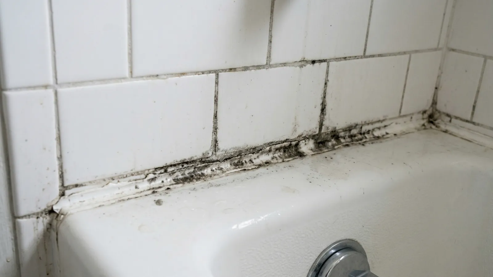 Mold along the caulk seam and grout lines where a bathtub meets the tile wall, one of the most common bathroom mold scenarios.