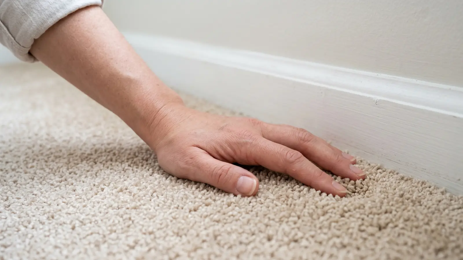 Hand pressing down on beige carpet near a baseboard checking for dampness or moisture