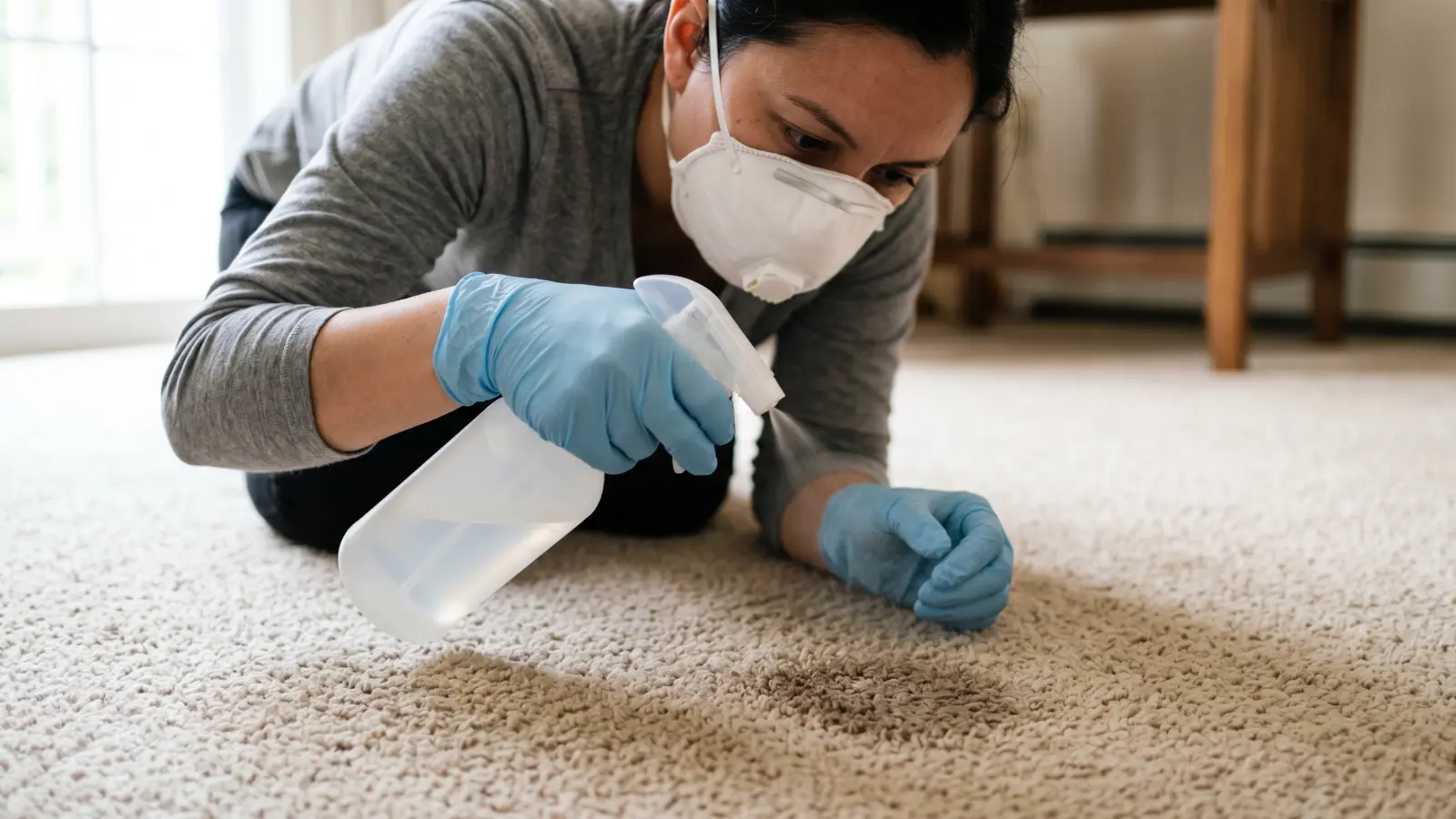 Person wearing an N95 respirator and nitrile gloves spraying antimicrobial solution onto a mold spot on beige carpet