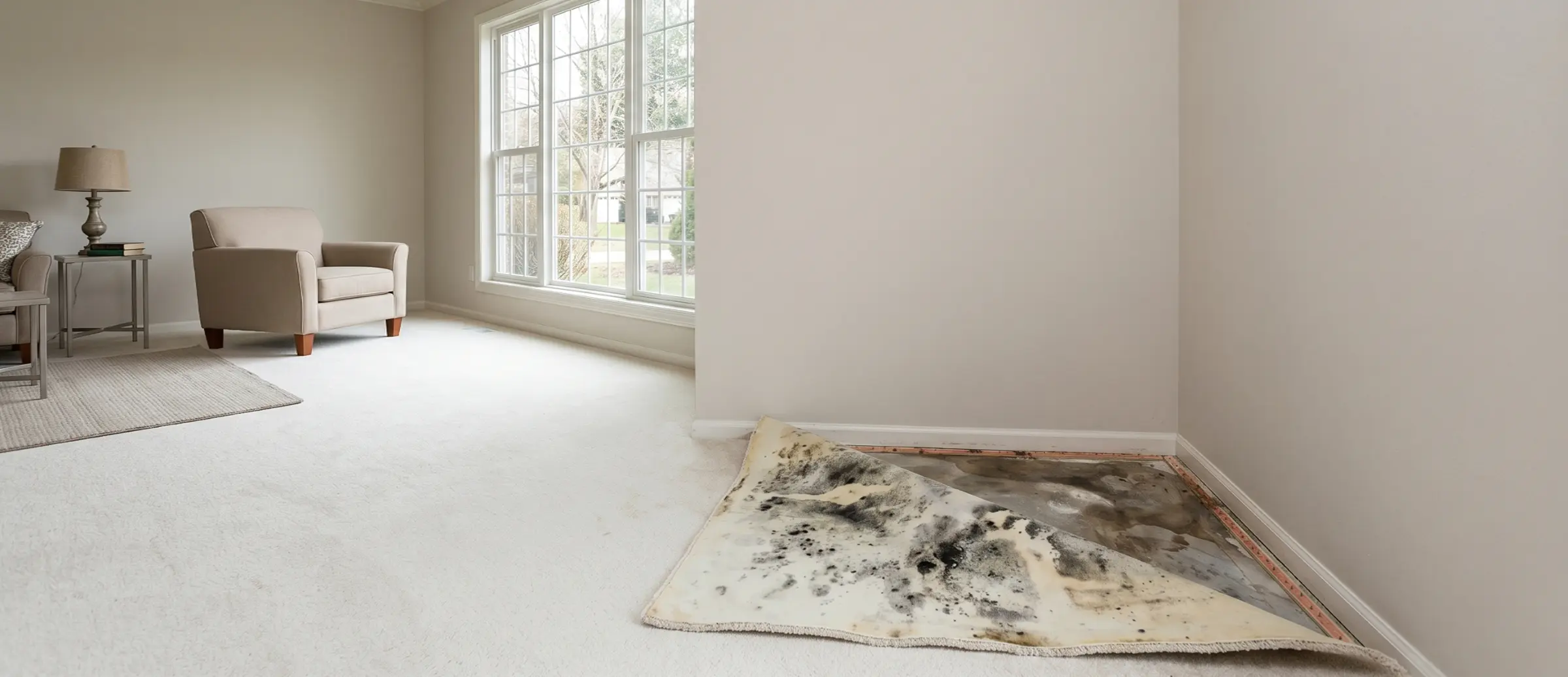 Carpet peeled back in a living room corner revealing severe black and gray mold on the backing and stained subfloor