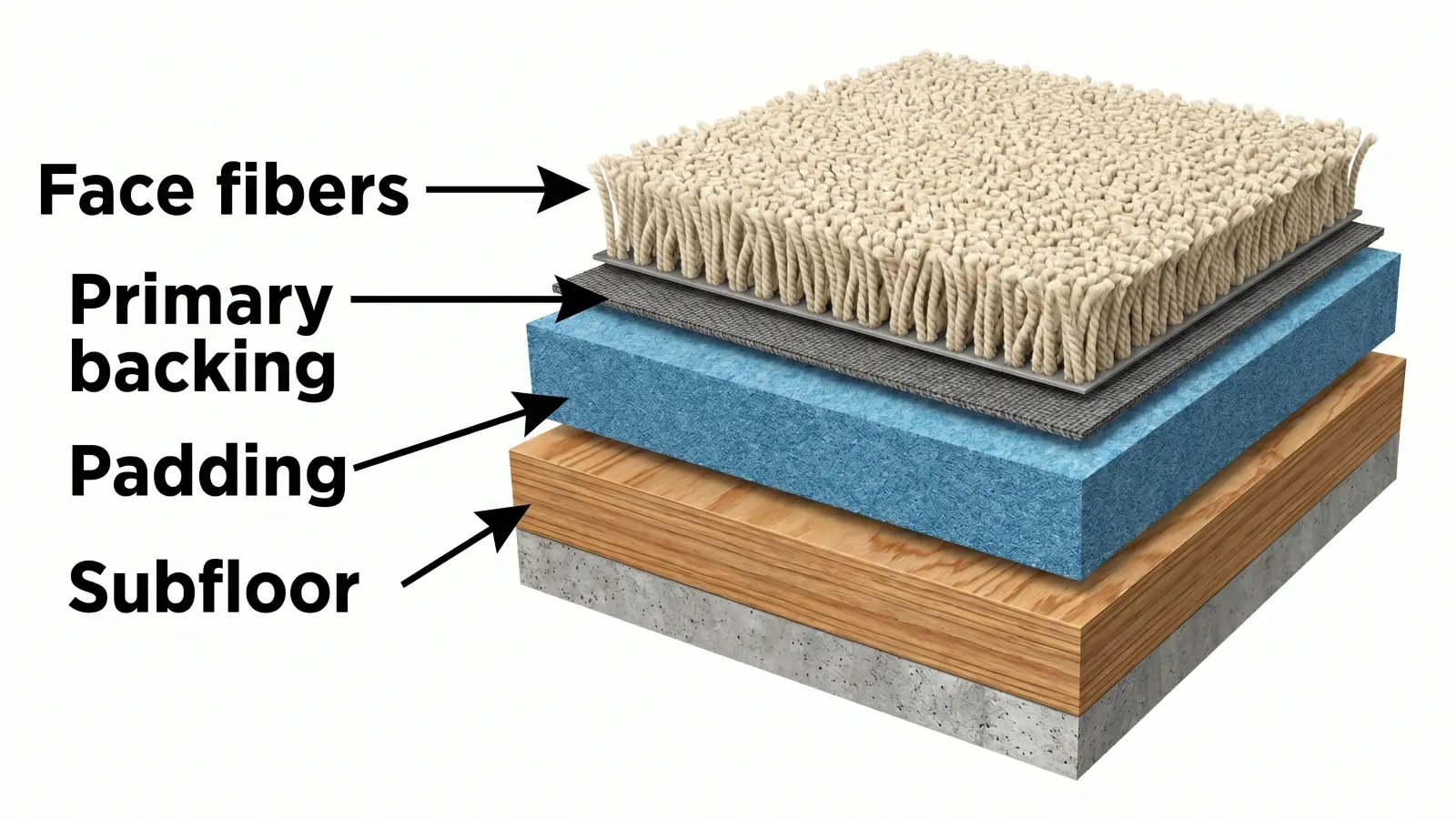 Diagram showing the four layers of wall-to-wall carpet from top to bottom: face fibers, primary backing, padding, and subfloor