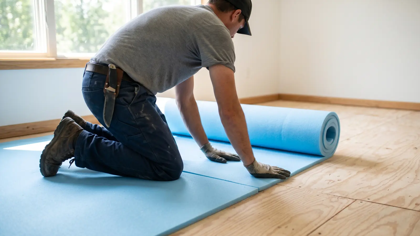 Installer rolling out fresh blue foam carpet padding across a plywood subfloor in an empty room