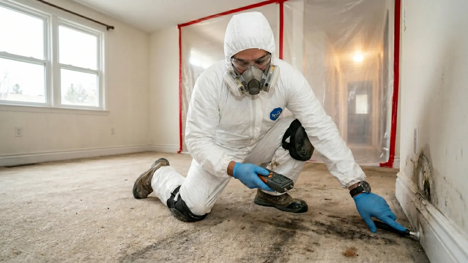 Mold remediation professional in a hooded Tyvek suit, respirator, and gloves assessing carpet and baseboard mold with containment plastic sheeting sealed behind them
