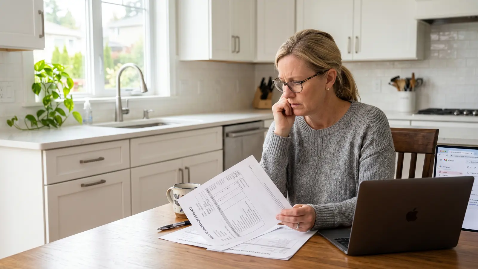 Homeowner reviewing mold remediation estimate paperwork at a kitchen table with a laptop open nearby