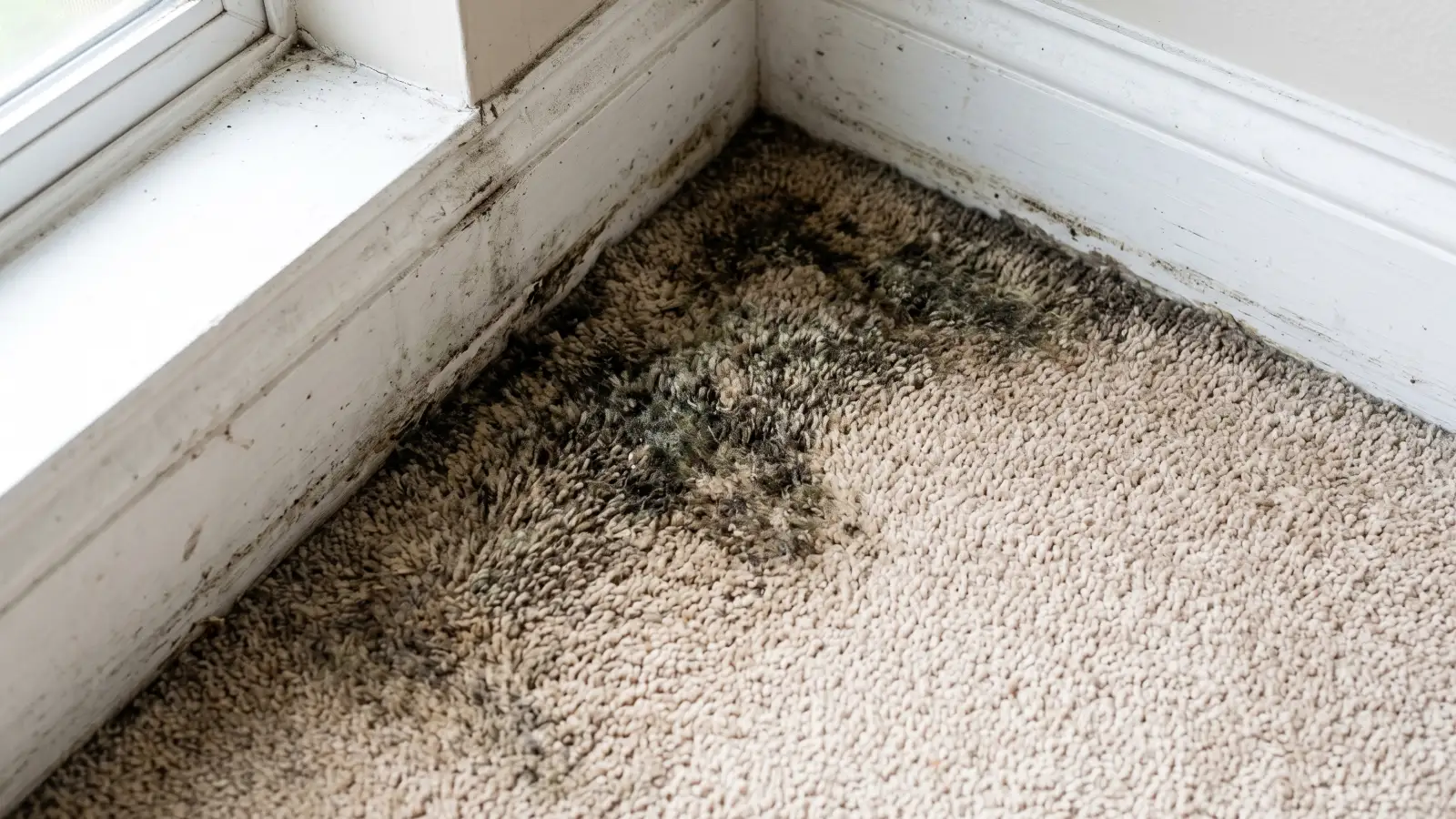 Black and gray mold growth on beige carpet fibers near a baseboard and window frame, with visible spore clusters on the surrounding trim