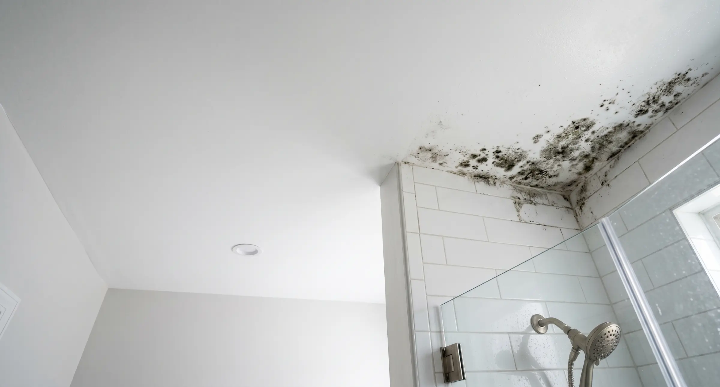 Black mold colonies spreading across a bathroom ceiling and wall corner above a tiled shower enclosure