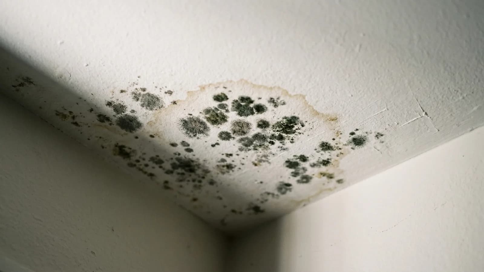 Close-up of dark green and gray mold colonies spreading across a white ceiling corner, surrounded by a yellow-brown water stain ring
