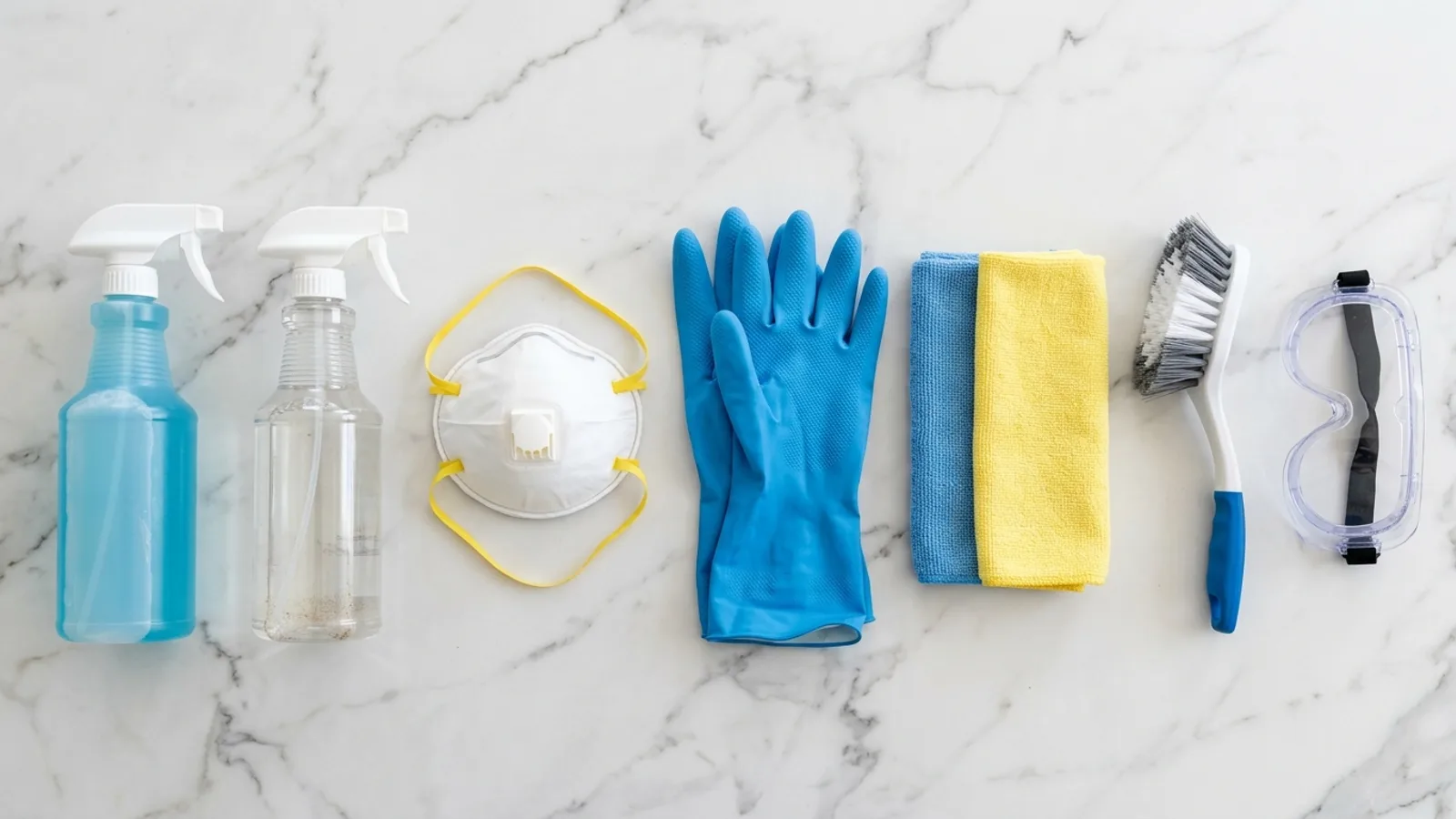 Ceiling mold cleaning supplies including spray bottles, scrub brush, and protective gear