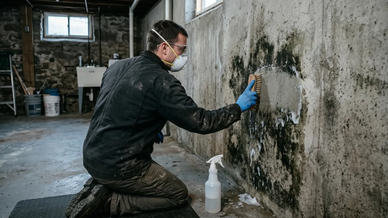 Homeowner in respirator, goggles, and gloves scrubbing a contained mold patch on a concrete basement wall with a stiff brush and spray cleaner