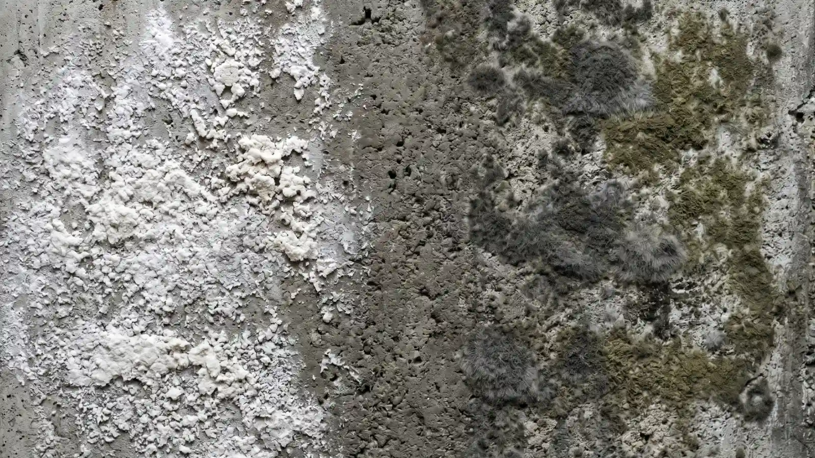 Side-by-side comparison of white efflorescence mineral deposits on the left and olive-green mold colonies on the right of a concrete wall