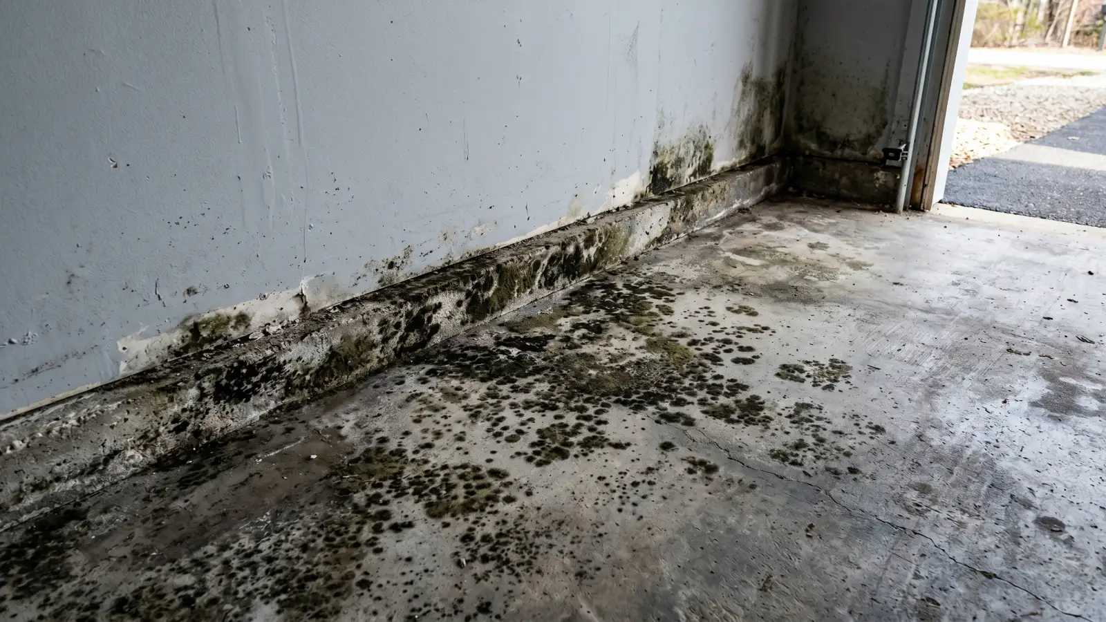 Mold colonies spreading from the floor-wall joint across a concrete garage floor, with discrete circular patches visible on the slab surface