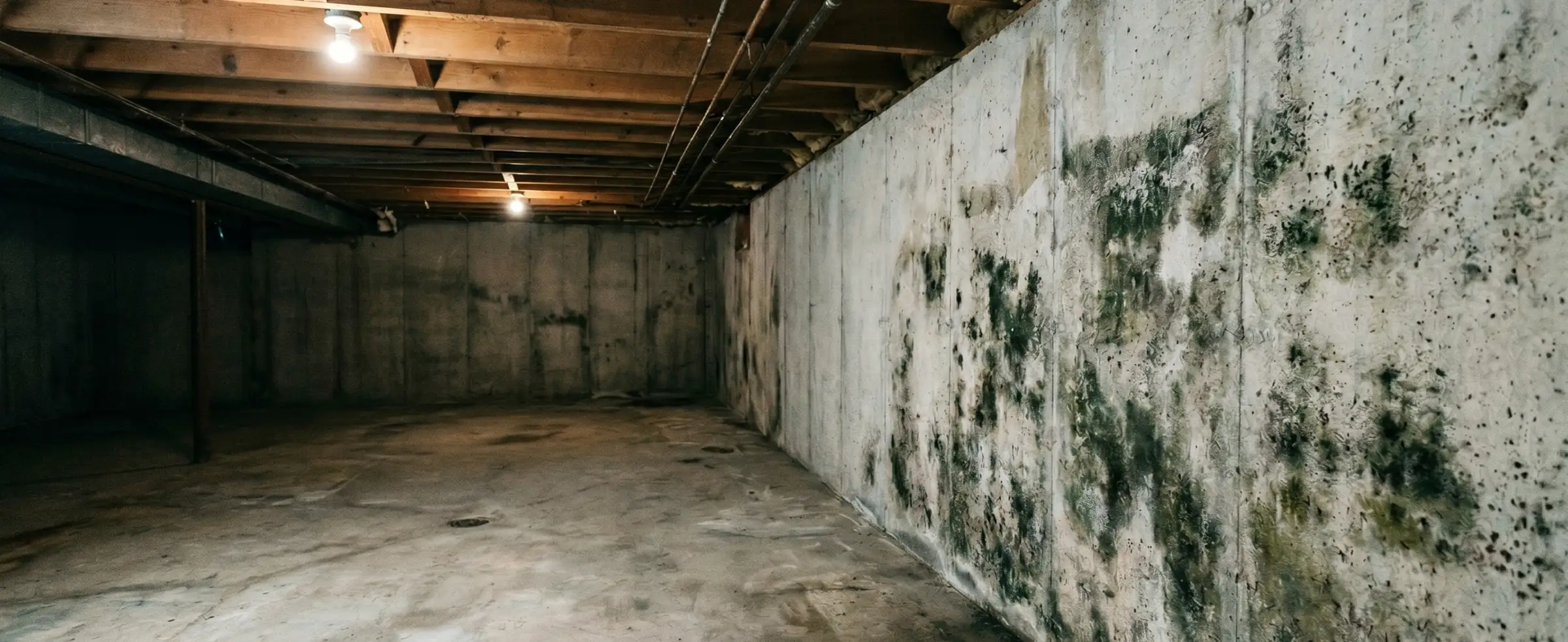 Black and green mold colonies on a poured concrete foundation wall in an unfinished residential basement