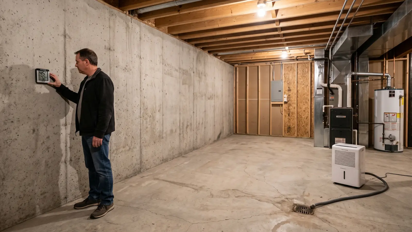 Homeowner checking a wall-mounted hygrometer reading 45% humidity on a bare concrete basement wall with a dehumidifier running near the utility area in the background